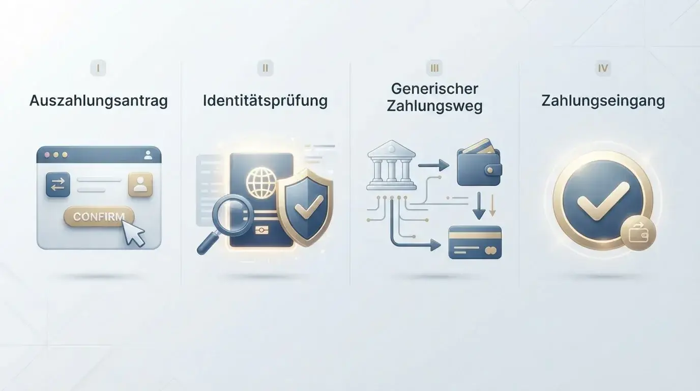 Illustration eines Auszahlungsablaufs von Antrag über KYC-Prüfung und Zahlungsweg bis zum Eingang ohne Zeitangaben