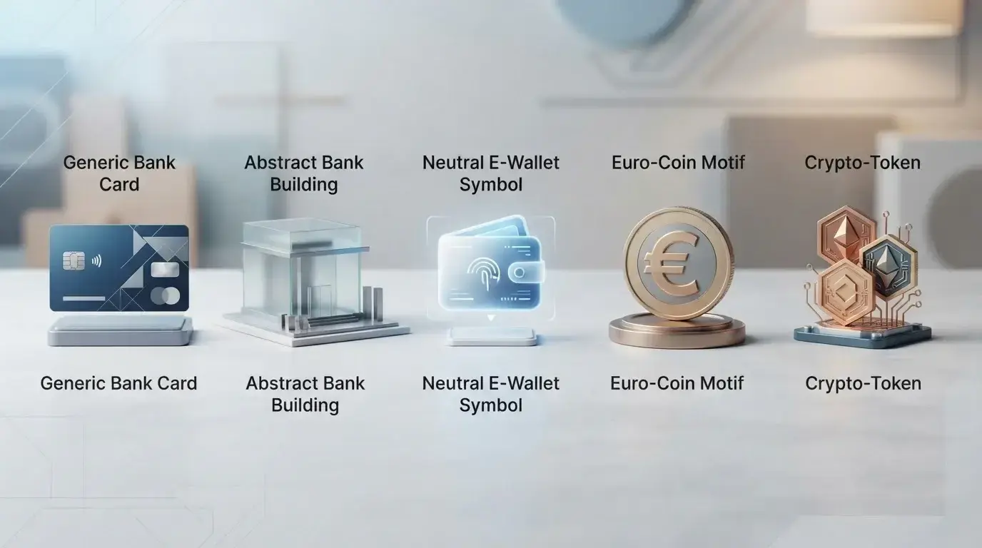 Neutrale Illustration zu Casino-Zahlungen mit Karte, Bank, E-Wallet, Euro und Kryptowährung ohne Anbieterlogos