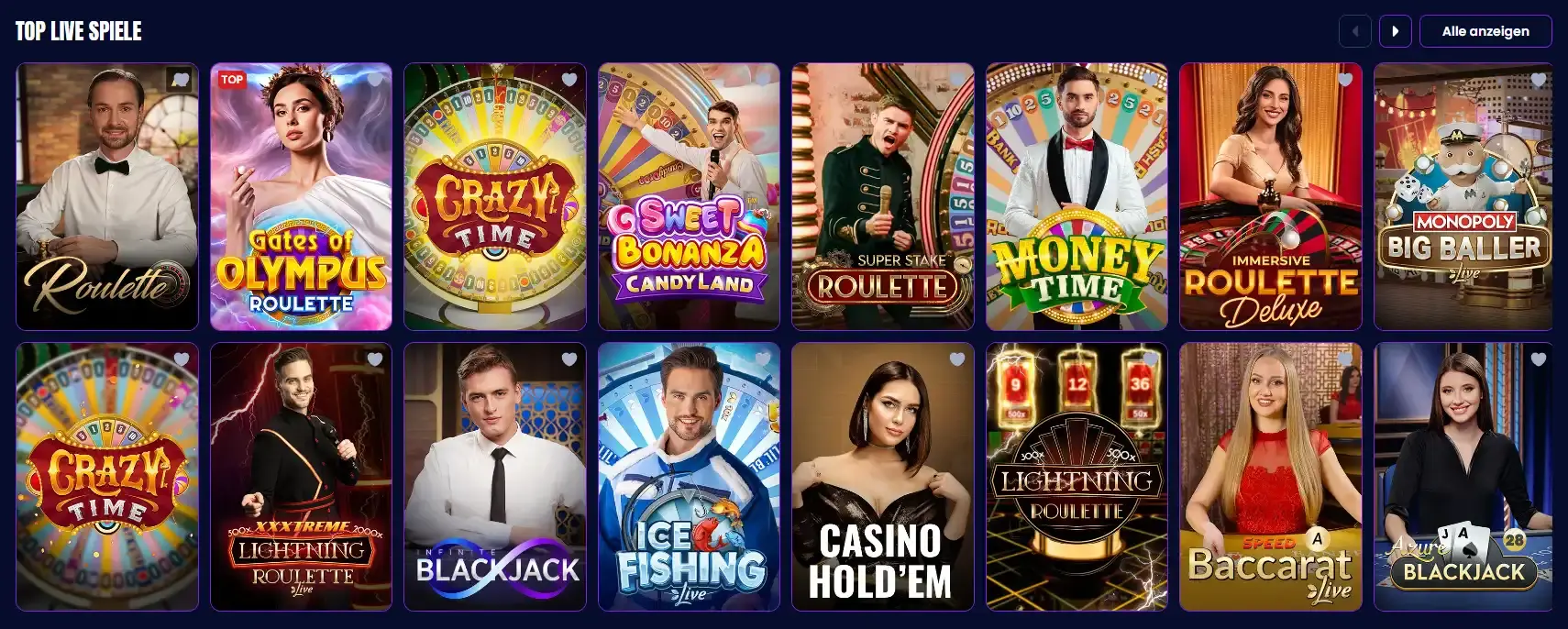 Trino-Live-Casino-Bereich mit sichtbaren Live-Tischen